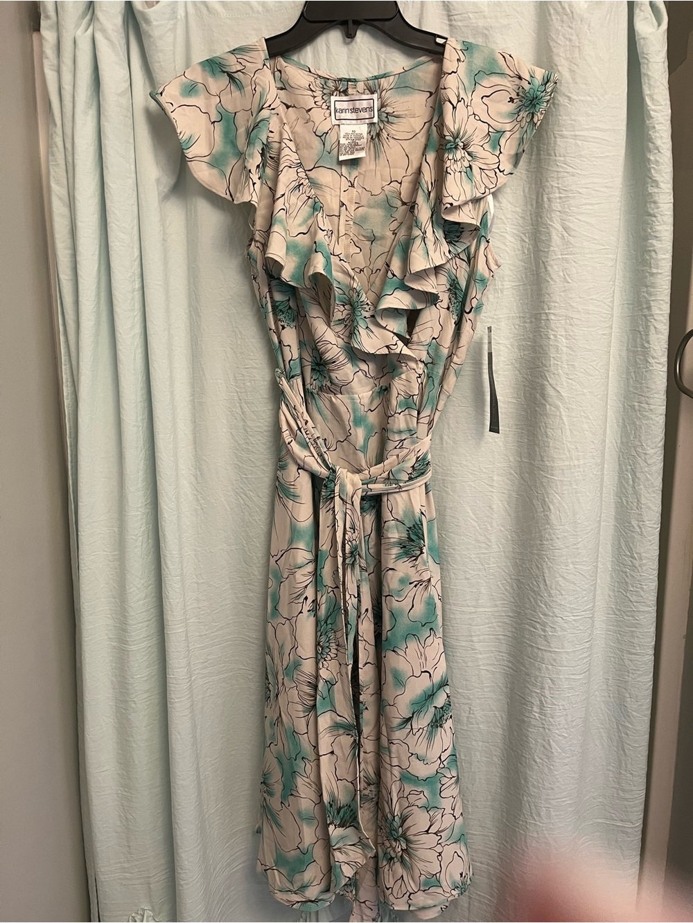 Teal and Cream Floral Ruffle Dress.